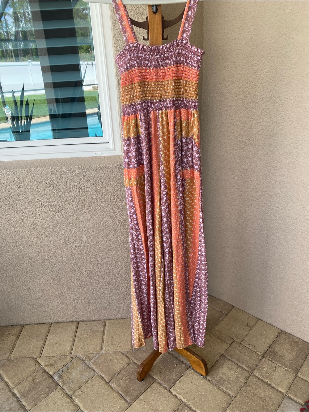 Boho Smocked Maxi Dress in Dusty Rose, Orange & Mustard